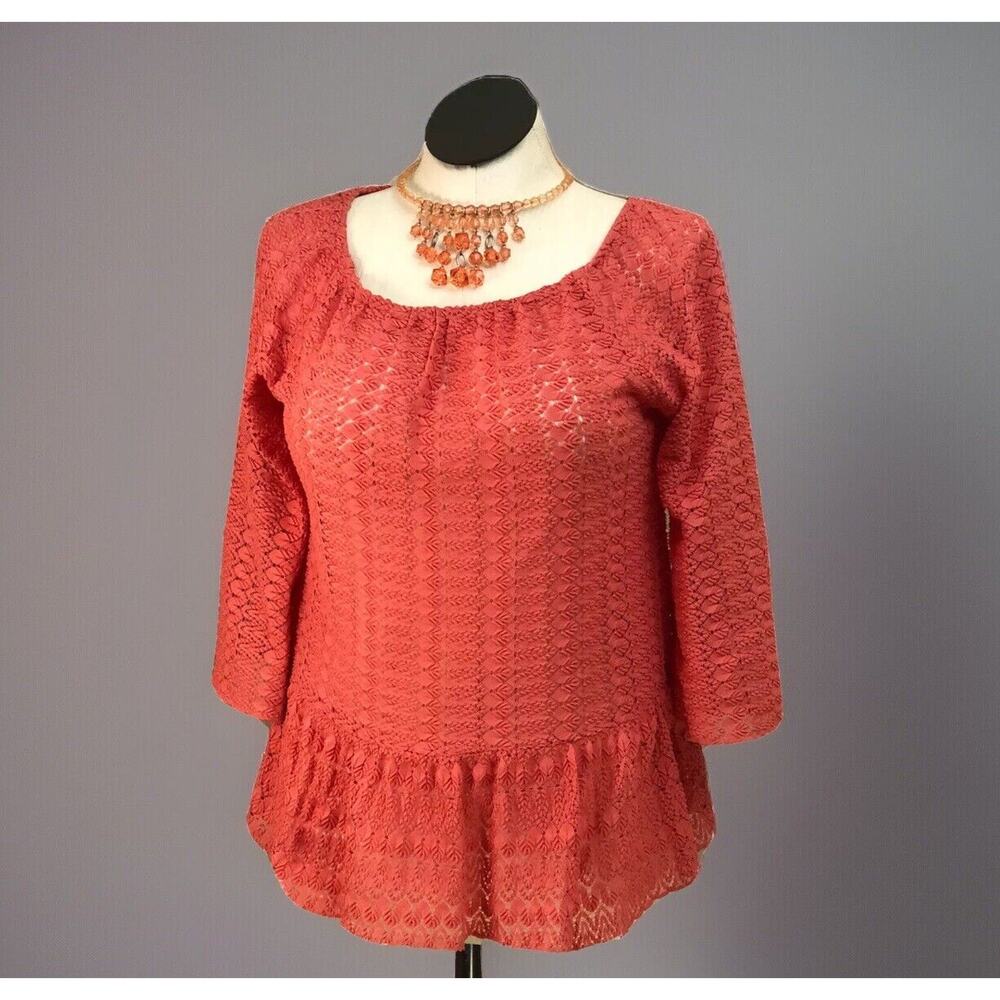 Crotchet Lace Coral Sz S Top Gathered Hem Orange Shirt Round Neckline 3/4 Sleeve